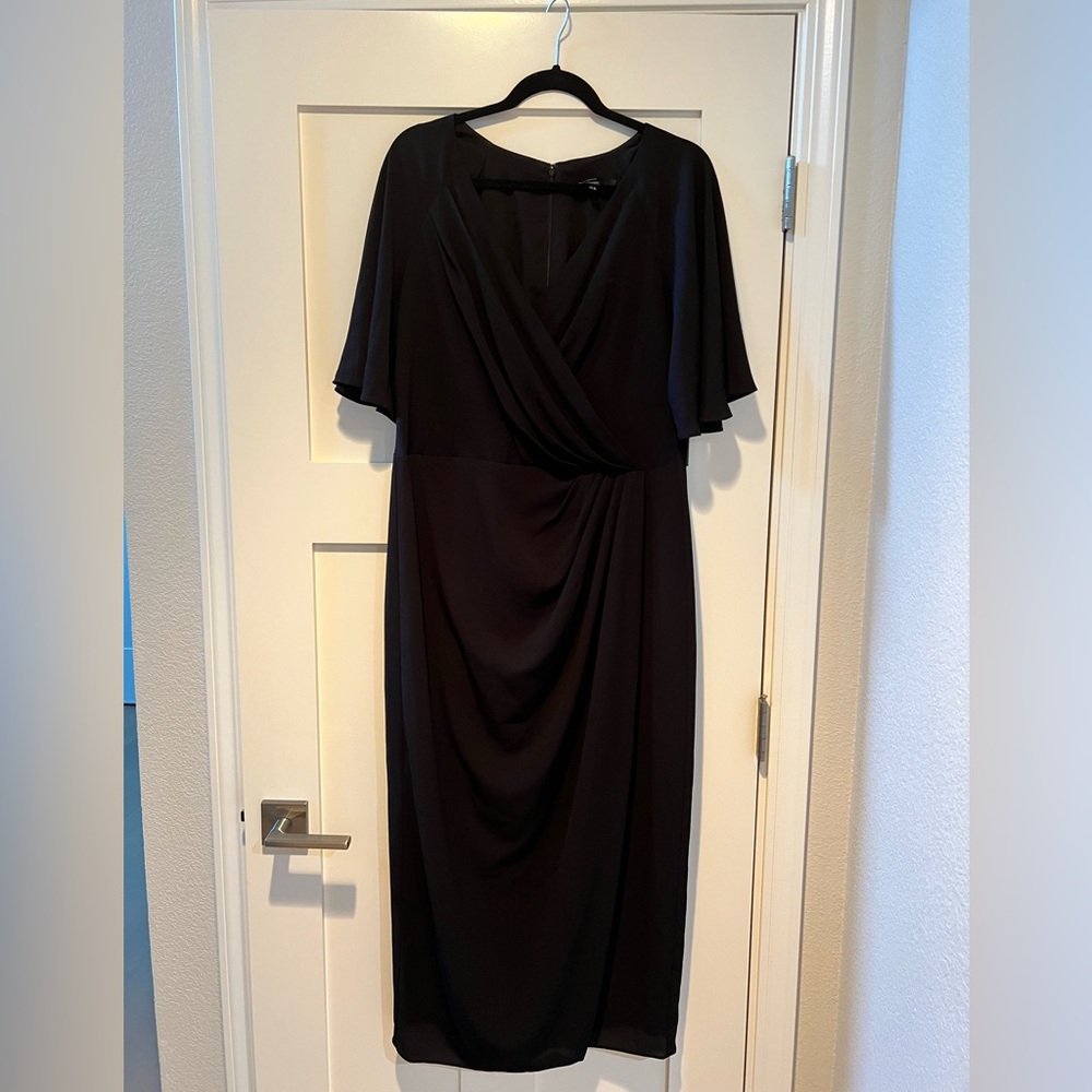 Maggy London Flutter Sleeve Faux Wrap Midi Dress Size 14, Black